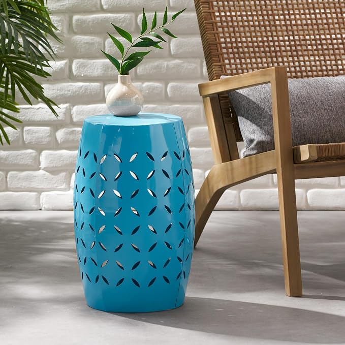 12" Outdoor Side Table, Metal Round Side Table, Multi Functional Decorative Cutout, Coffee Table, Night Stand, Plant Stand for Patio, Garden, Backyard, Gazebo Indoor (Blue)