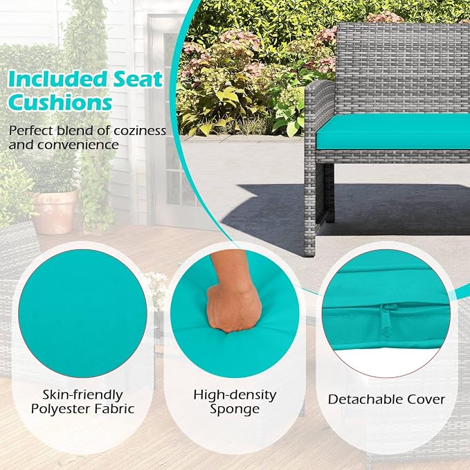 RELAX4LIFE 4-Piece Patio Furniture Set - Wicker Rattan Outdoor Sectional Sofa Set w/Glass Coffee Table, Loveseat, 2 Single Chairs & Soft Cushions, Bistro Conversation for Garden Porch (1, Turquoise)