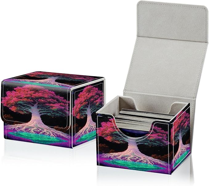 Card Deck Box for MTG, Cards Storage Box Fits 120+ Sleeved, Leather Small Size Strong Magnetic Closing Card Case for Board Games Magic TCG CCG Baseball Collection, Pink Trees