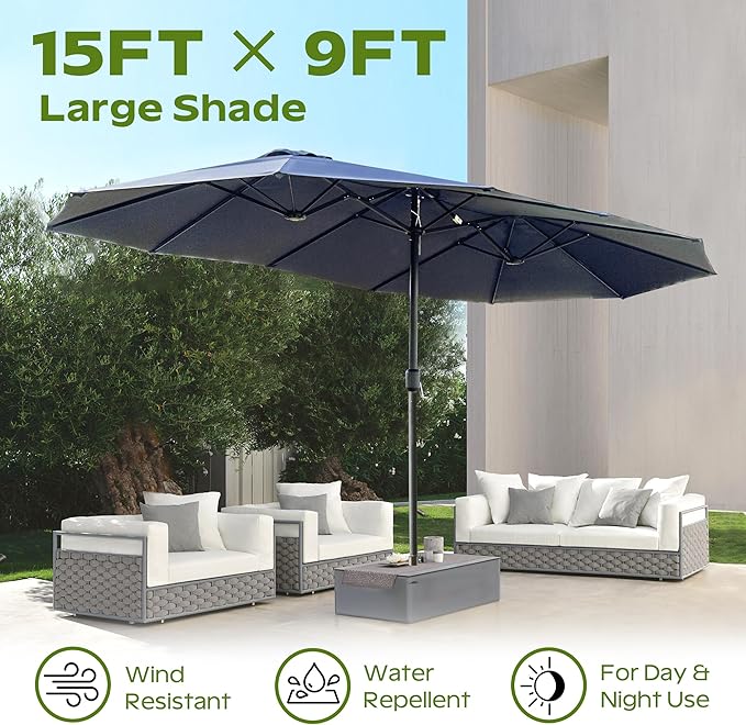 15ft Umbrella Outdoor Patio - Double-Sided Large Market Rectangle Umbrellas with Crank Handle for Patio Garden Yard Pool (No Base)