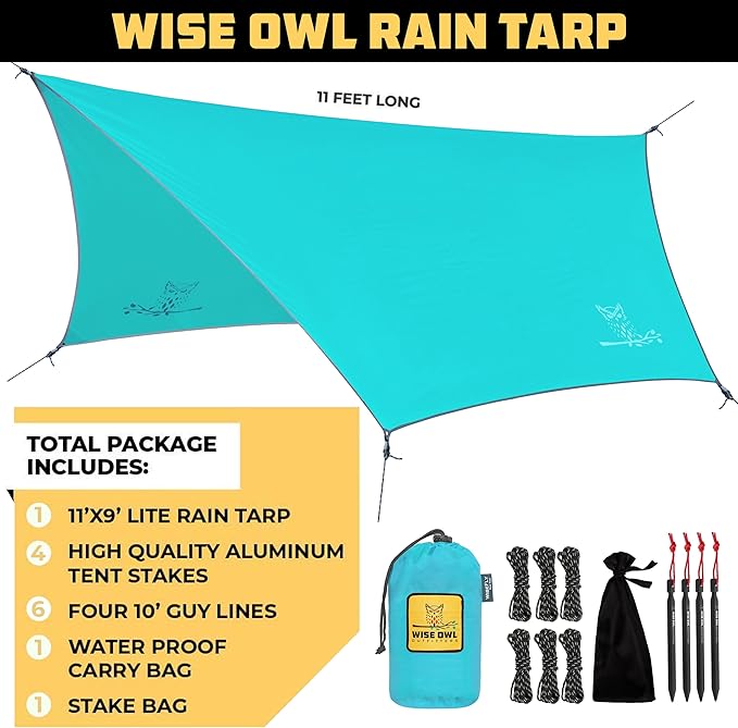 Wise Owl Outfitters Hammock & Rain Fly Bundle – Double Camping Hammock with Tree Straps and Waterproof Tarp, Lightweight Shelter for Hiking & Travel
