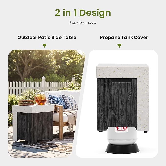 COSIEST Outdoor Propane Tank Cover Table with Wood Grain Design, 16 inch Outside Hideaway Tank Table, Hides Standard 20lb Tank, Black & White