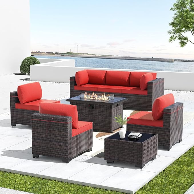 Kullavik 8 Pieces Outdoor Patio Furniture Set,Sectional Sofa Set with 43" 55000 BTU Gas Propane Fire Pit Table,Brown PE Rattan Wicker Patio Conversation Set,Red