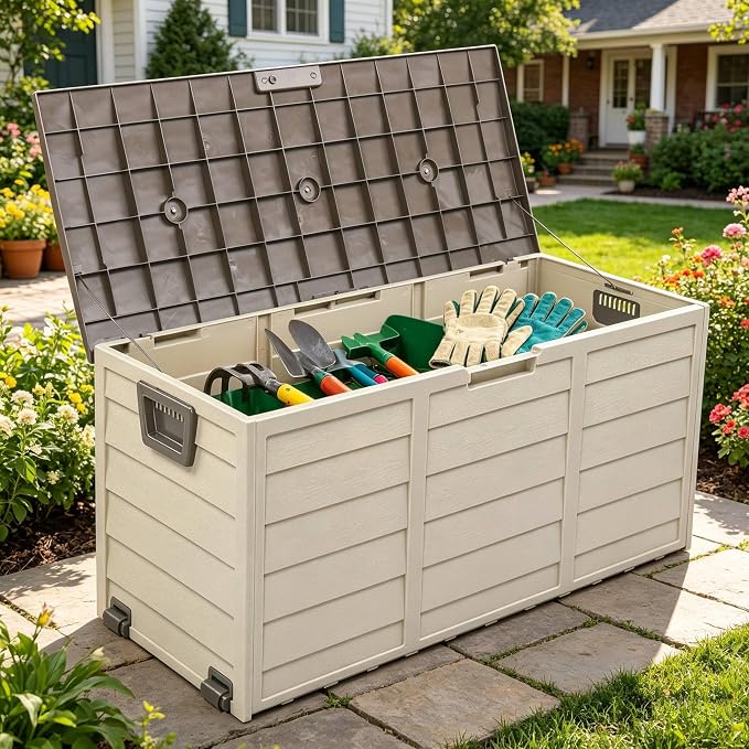 75 Gallon Large Outdoor Storage Box, Indoor and Outside Deck Box with Lockable Design Lids, Waterproof Resin Storage Containers Bin for Garden, Garage, Patio, Poolside, Toy Storage Brown