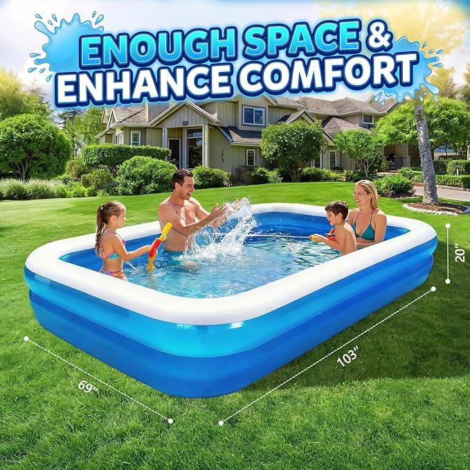 Full-Sized Inflatable Swimming Pool, Extra Large Blow Up Pool, Heavy Duty Above Ground Pool with Drain Valve, Leakproof Family Swim Pool for Backyard Patio Garden Outdoor Party (103''x69''x20'')
