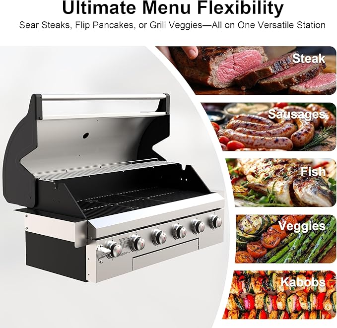 Brand-Man Propane Gas Grill, 40-Inch 6-Burner Built-In Head BBQ Island Outdoor Kitchen, Natural Gas Convertible, Heavy Duty 304 Stainless Steel, 60,000BTUs
