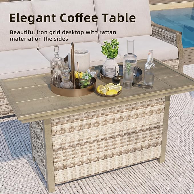 MELLCOM 4 Pieces Outdoor Patio Furniture Set with Swivel Chairs, All Weather Rattan Wicker Patio Conversation Set with 3-Seater Sofa, Coffee Table for Patio, Balcony, Porch, Deck