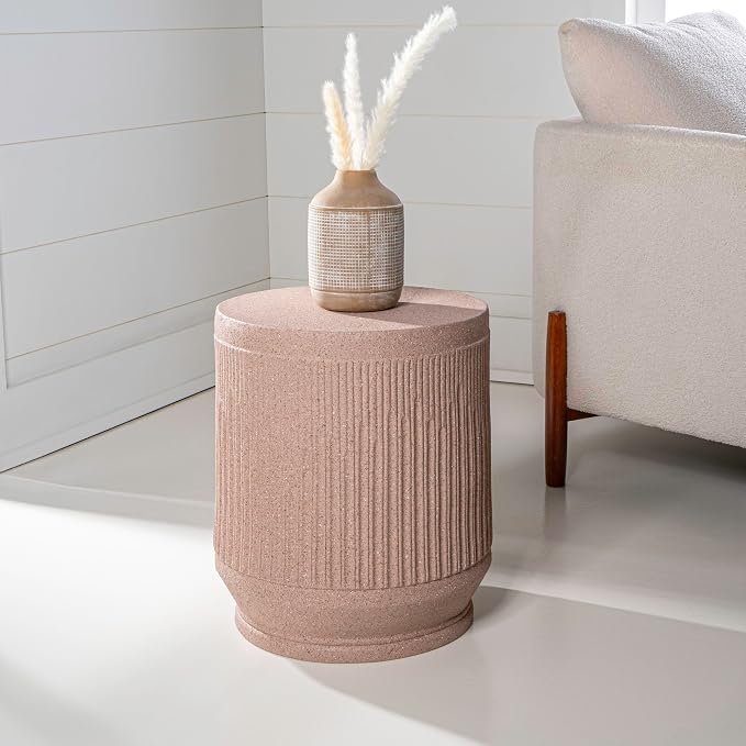 JONATHAN Y Kline Ribbed Resin Modern Outdoor Accent Table, 17.5" H All-Weather Pink Terrazzo Patio Drum Side Table and Garden Stool for Pool, Porch, and Living Room TBL1103B