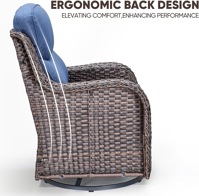 Swivel Patio Chairs sofa Set of 5 with 6" Thick Cushion - Wicker Outdoor Swivel Rocker Patio Chair with Side Table, High Back Comfortable Outdoor Glider Chairs - Brown Wicker | Blue Cushions