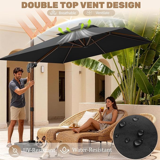 10x13FT Cantilever Outdoor Patio Umbrellas, Double Top Wood Pattern Rectangle Umbrella, Heavy Duty 360°Rotation Offset Umbrella for Garden Deck Pool Patio, Black