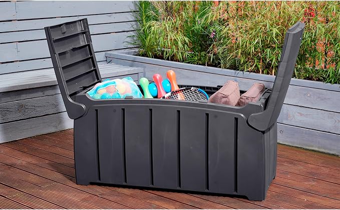 Ward Strata Products 85 Gallon (321L) Outdoor Storage Organization Bin, Patio Deck Box with Dual Door Lid for Garden, Pool, & Furniture Accessories, Black