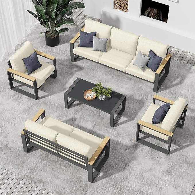 RoyalCraft Aluminum Patio Furniture, 7-Seats Metal Outdoor Furniture Set with Coffee Table, Modern Patio Sofa Sets Outdoor Conversation Set for Pool Garden Porch Backyard, Beige