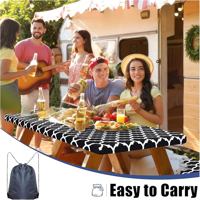 Smiry Picnic Table Cover with Bench Covers, Waterproof Elastic Fitted Tablecloth for 6 Foot Tables, Washable Polyester Tablecloths for Camping, Indoor & Outdoor (Black, 30x72 Inch 3-pc Set)