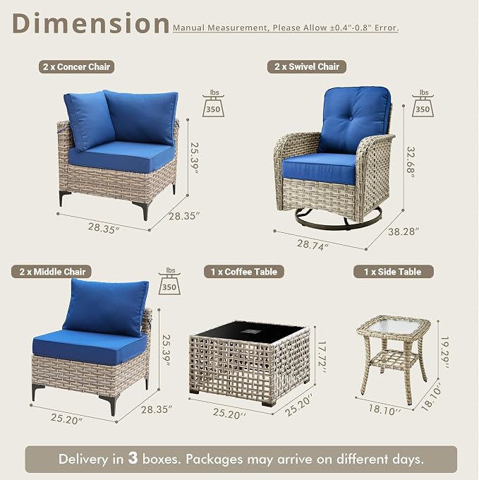 8 Pieces Patio Sectional Furniture Set, Outdoor Wicker Sectional Couch with High Back Swivel Rocker Chairs Solar Lights Table, Modern Conversation Set for Porch Balcony Backyard, Navy Blue