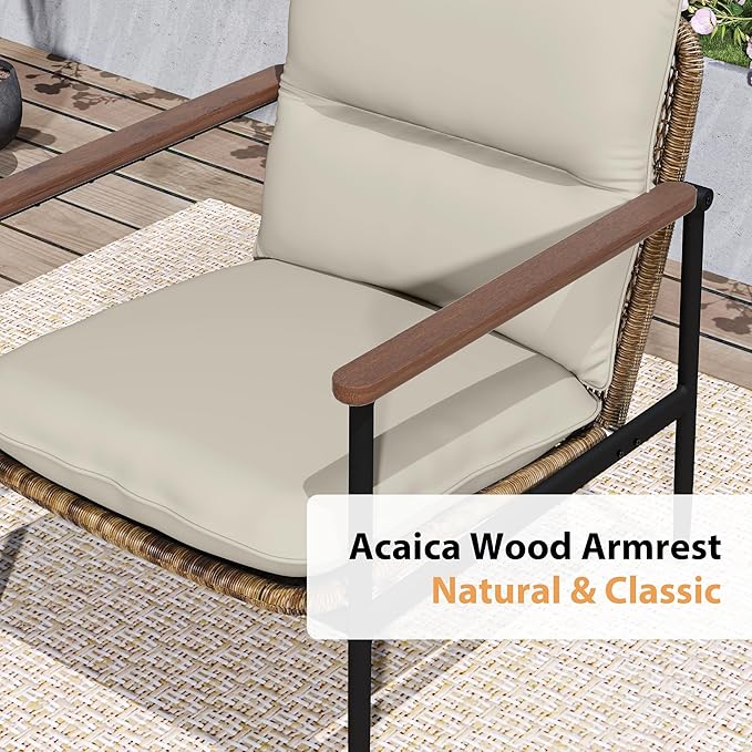 HAPPATIO 4-Piece Outdoor Furniture Set, Aluminum Patio Converation Set with Wicker Seat and Acacia Wood Armrest, 3-Seat Sofa Set with Olefin Cushion and Wood Table for Garden Lawn Backyard