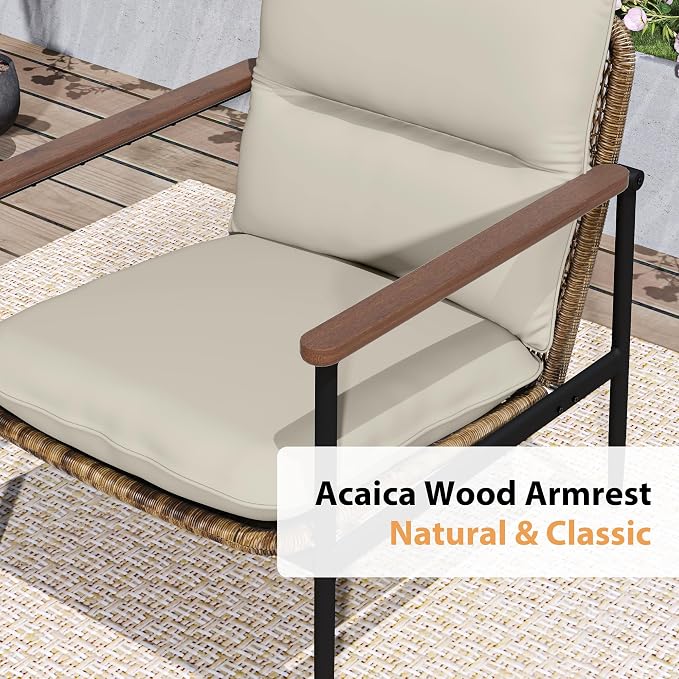 HAPPATIO 3-Piece Outdoor Furniture Set, Patio Aluminum Conversation Set with Wicker Seat and Acacia Wood Armrest, Removable Thick Olefin Cushion for Garden Lawn Backyard