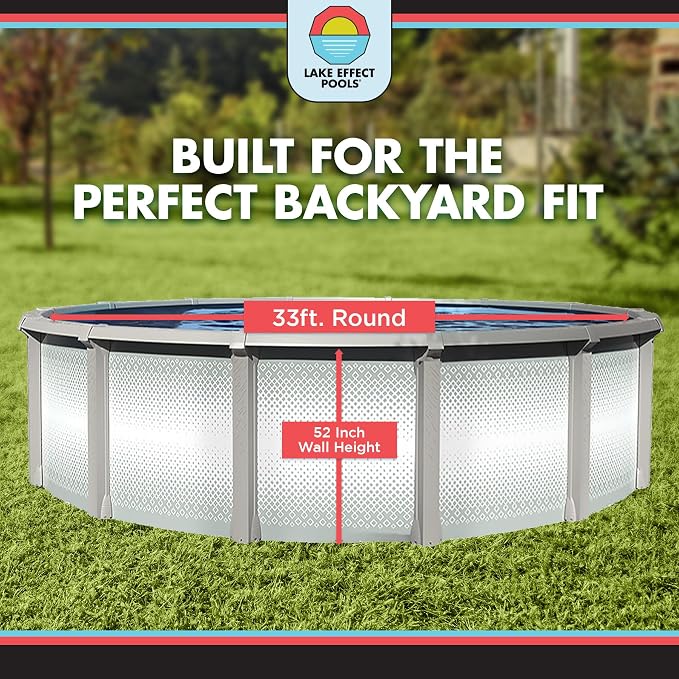 Lake Effect Pools 'Grand Cayman' 33 ft Round Above Ground Swimming Pool | 52 Inch Strong Extruded Resin Components | Bundle Includes: 25 Gauge Overlap Liner & Widemouth Skimmer