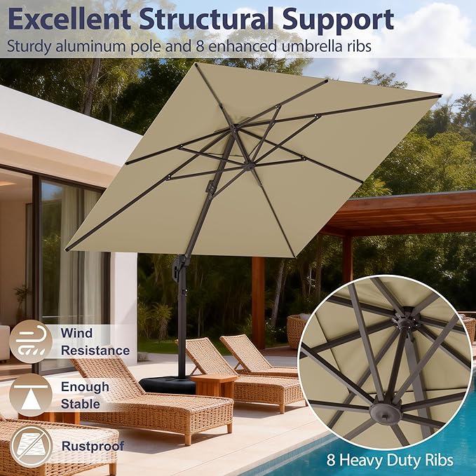 10' X 10' Patio Umbrella Cantilever Outdoor Rectangle Umbrella, Heavy Duty 360°Rotation Offset Umbrella for Garden Deck Pool Patio, Beige