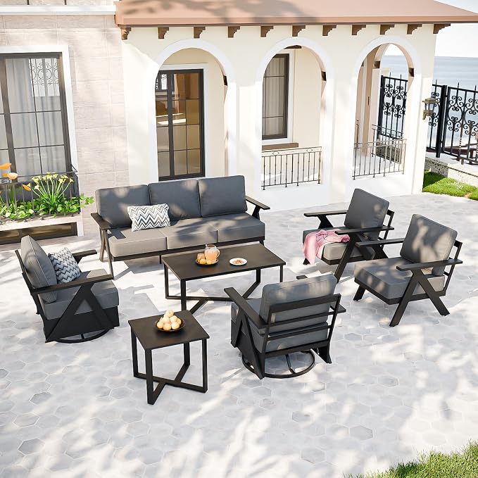 COOS BAY Iron Luxe 7 Piece Outdoor Patio Furniture Set, Modern Patio Conversation Set with Patio Chairs, Swivel Chairs, a 3 Seat Couch, Coffee Table & Side Table for Deck, Garden, Porch, Black/Gray
