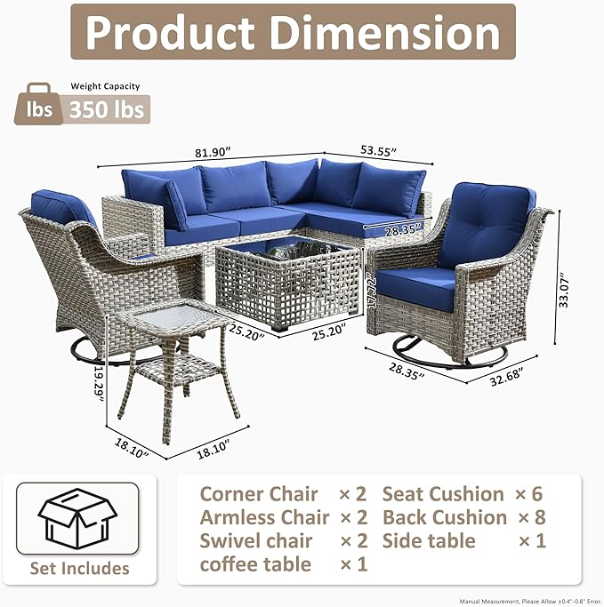 HOOOWOOO Outdoor Patio Furniture Set,8 Pieces Wicker Out Door Sectional Furniture L Shaped Couch,Patio Conversation Sets with Swivel Rocking Chair LED Table,Navy Blue