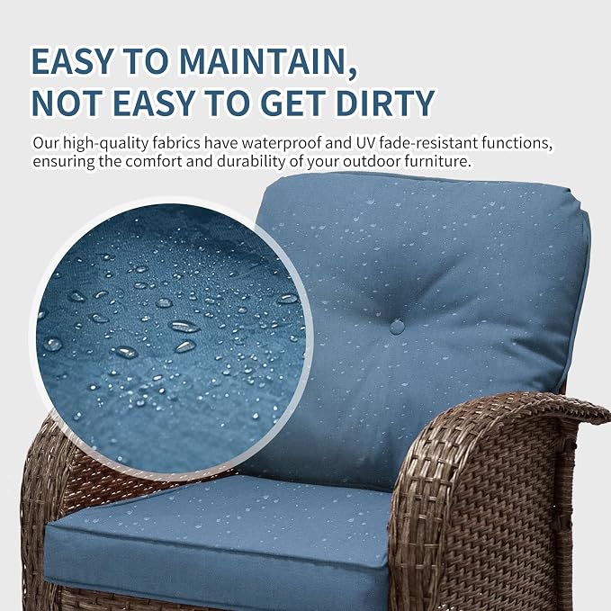 Outdoor Swivel Rocker Patio Chairs (Brown Wicker/Blue Cushion, 5PC/Swivel & Side Table & Ottomans)