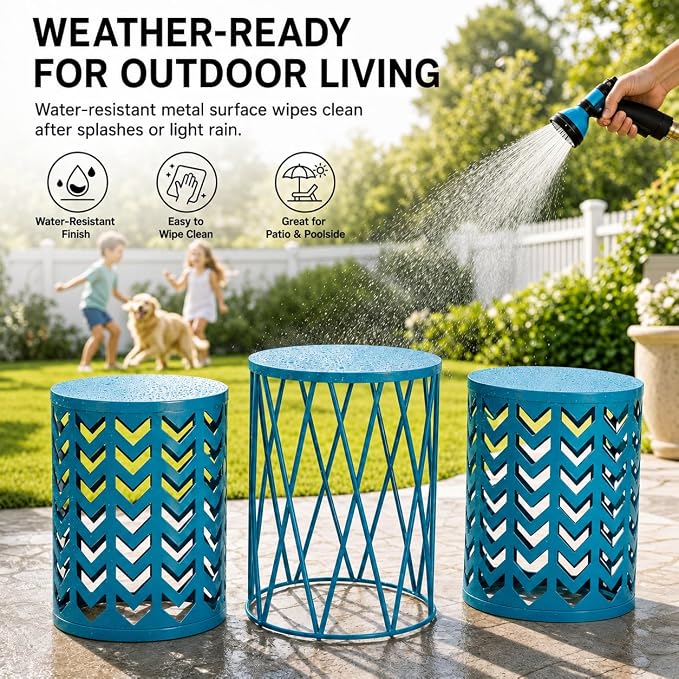 Y&M Set of 3 Nesting Metal Round Coffee Table, Side Table End Table for Indoor Outdoor Multifunctional Use,Heavy Duty Metal Plant Stand Decorative Garden Stool- Blue(Ship from US) | Outdoor side tables nesting design heavy duty metal waterproof patio b...