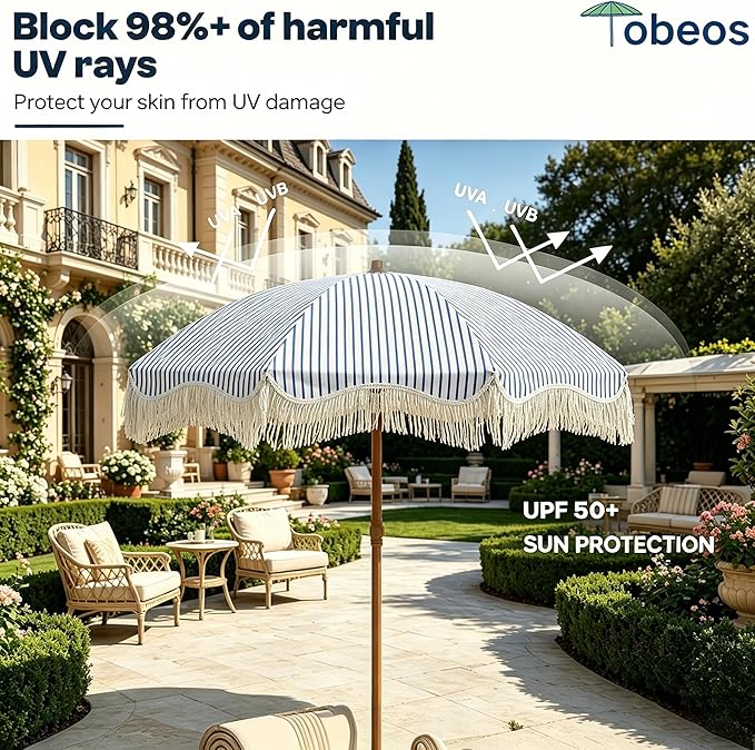 7FT Patio Umbrella with Fringe, Outdoor Tassel Umbrella with Fiberglass Ribs, Boho Beach Umbrella, Push Button Tilt and Carrying Bag, UPF50+