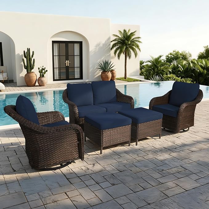 5 Piece Patio Wicker Conversation Set, All-Weather Use Outdoor Wicker Loveseat with 2 PE Rattan Ottomans,2 Swivel Chair, Ideal for Porch, Backyard, Balcony, Poolside, Blue
