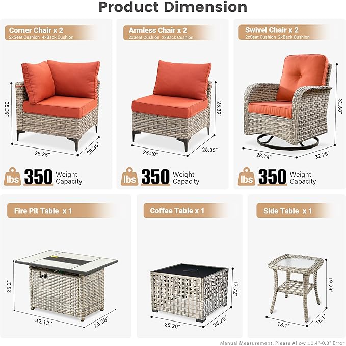 Outdoor Patio Furniture Sets,9 PCS Patio Conversation Set Outside Rattan Sectional Sofa with 42 in Square Fire Pit Table Wicker Rocking Chair Coffee Table Fit Backyard Garden Poolside Balcony