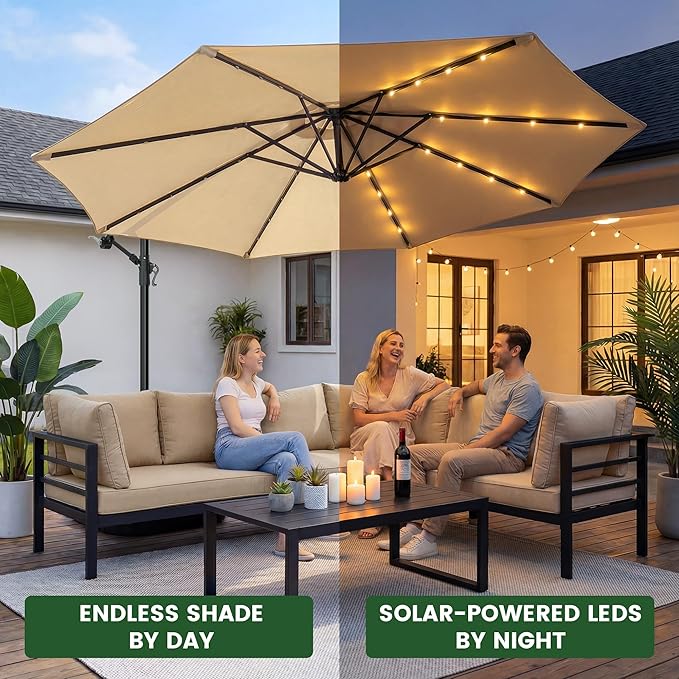 OLILAWN 10 feet Solar LED Patio Umbrella with Base, 32 LED Lighted Outdoor Offset Cantilever Umbrella with Sturdy 8 Rids, Infinite Tilt, 360 Degree Rotation, for Pool Deck Porch Backyard Garden, Isabelline