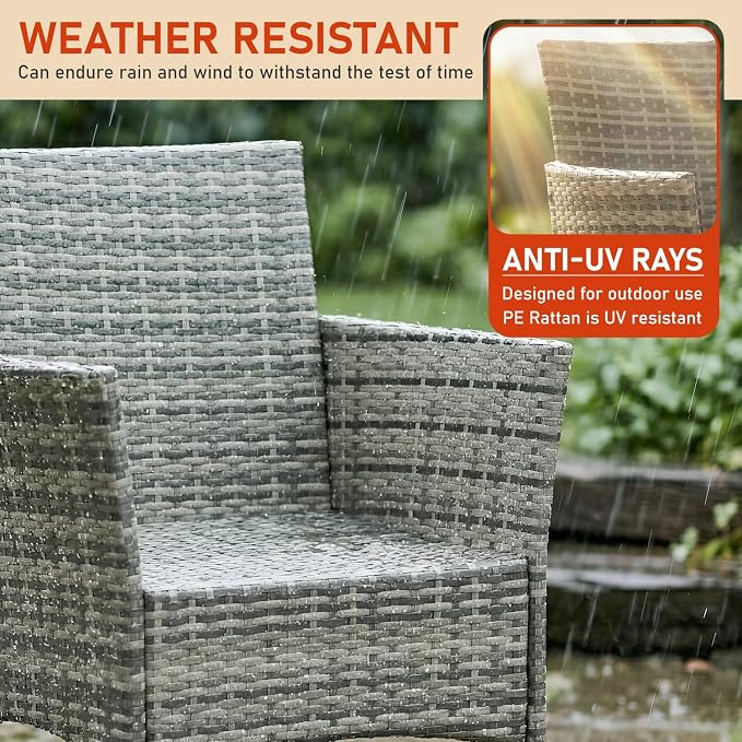 3 Pieces Patio Furniture Outdoor Bistro Set Outdoor&Indoor Conversation Set Coffee Table Chairs Set for 2 with Water-Resistant Cushions for Lawn Yard Garden Porch Balcony and Pool,Grey and Blue