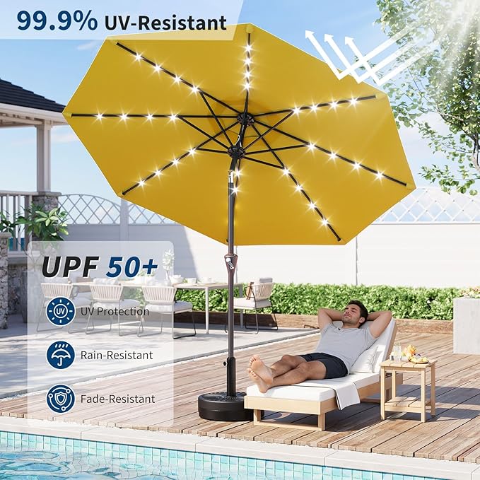 Garvee 9/10 FT Solar Patio Umbrella with 32 LED Lights - Outdoor Table Umbrella with Crank Lift, Push Button Tilt and 8 Sturdy Ribs - Market Umbrella UV Protection for Pool, Deck, Yard, Garden