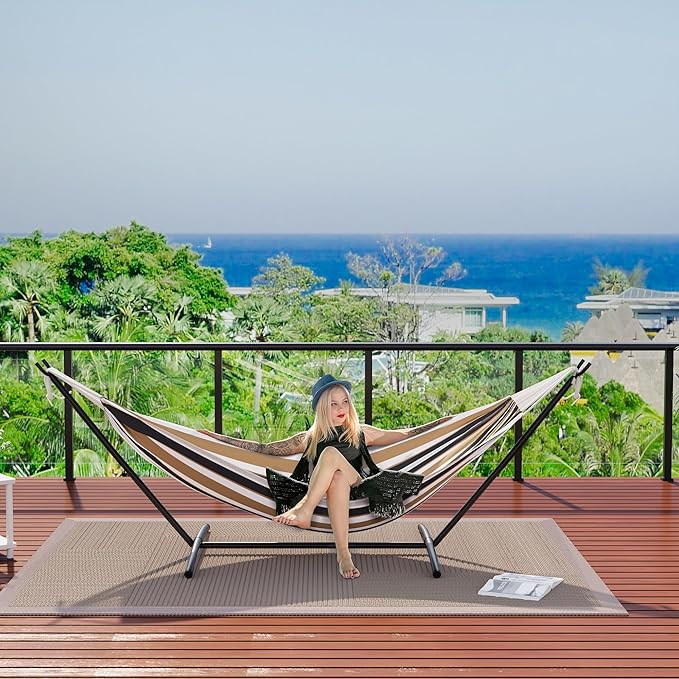 CABIHOME 450lb Large Capacity Double Hammock with Steel Stand - 2 Person Hammock Bed Indoor Outdoor, Brazilian-Style, with Carry Bag, Portable & Easy Assembly, Coffee