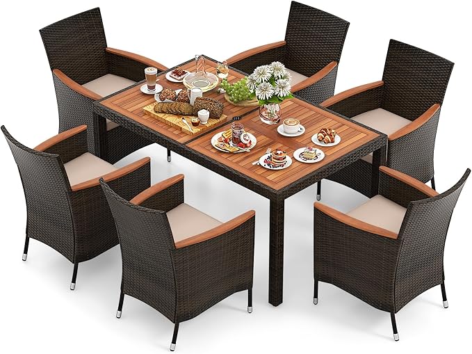 7-Piece Outdoor Wicker Dining Set with Umbrella Hole, Patio Dining Furniture with Acacia Wood Table and Chairs, for Garden, Backyard, Desk & Poolside (Brown)