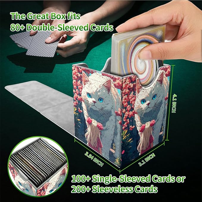 Big Cat Girl Card Deck Box for MTG, Personalized Card Storage Case Fits 120+ Sleeved Cards, Premium Leather TCG Box with Strong Magnetic Closure for Magic, CCG, PTCG, Baseball Cards