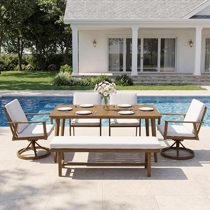 6-Piece Outdoor Table Set with Chairs & Bench, 6-Person Outdoor Rectangular Dining Table with Umbrella Hole, Faux Wood Grain Patio Table Set with Swivel Chair for Garden Backyard Proch, Teak