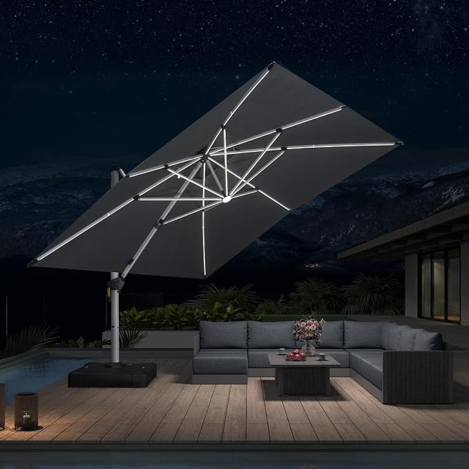 PURPLE LEAF 12' X 12' Solar Powered LED Patio Large Umbrella Offset Double Top Hanging Umbrella Outdoor Market Umbrella for Garden, Slate Gray
