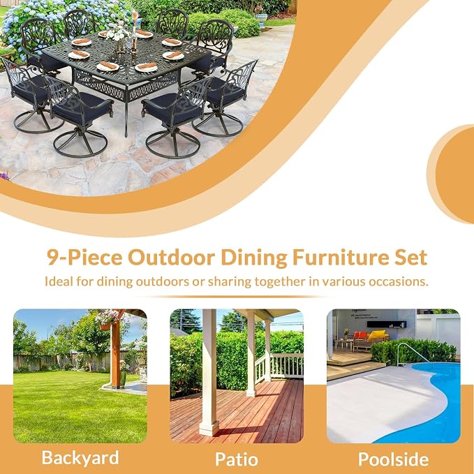 9 Piece Outdoor Patio Dining Set for 8, Cast Aluminium Large Square Dining Table & 8 Swivel Rocker Chairs with Removable Cushions, Umbrella Hole, Patio Furniture Set for Garden, Navy Blue