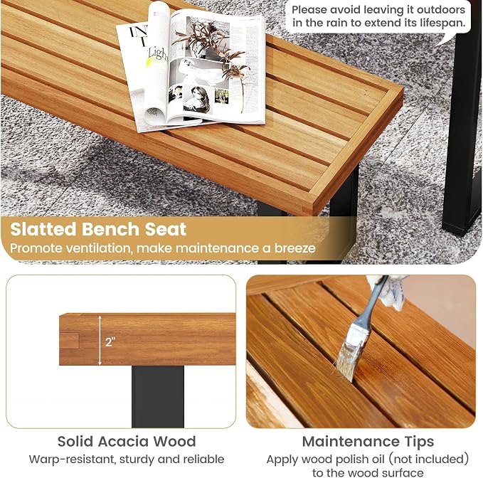 Tangkula 6 Pieces Patio Dining Table Set, 63” Rectangle Acacia Wood Table with Umbrella Hole and 4 Cushioned Armchairs and Backless Bench, Outdoor Dinette Furniture for Garden Yard Kitchen
