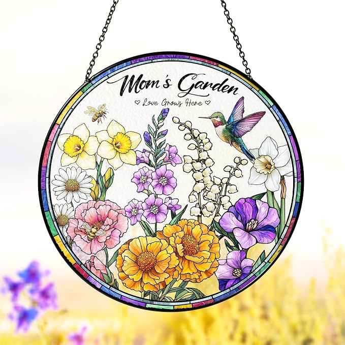 LOVELYPOD Custom Grandma Birth Flowers Stained Glass Sun Catcher, Grandmas Garden Sun Catcher, Personalized Christmas Ornamnet, Grandma Presents, Window Hanging Flowers Glass Art