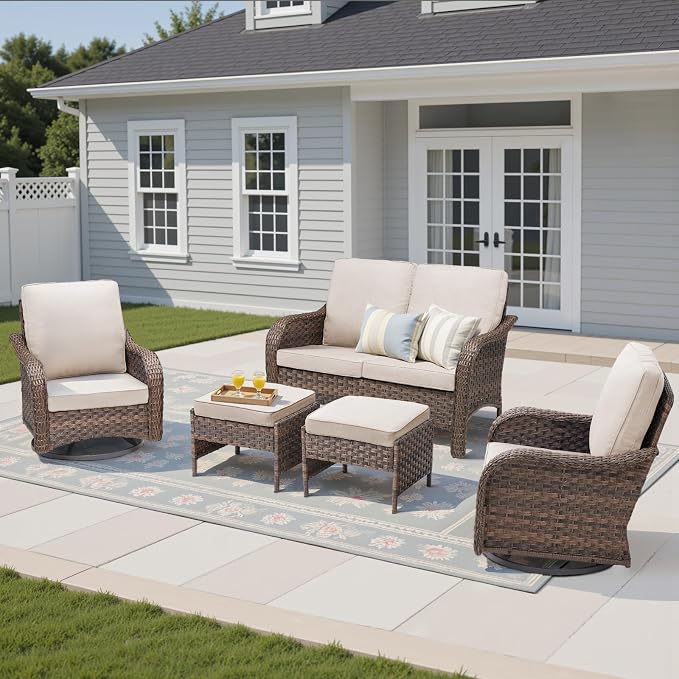 5 PCS Patio Furniture Set, Outdoor Wicker Loveseat & 2 Swivel Rocking Chairs with 2 Ottomans, 4-Inch Thick Olefin Cushions, 300 lbs Capacity Rattan Conversation Set for Porch, Backyard, Beige