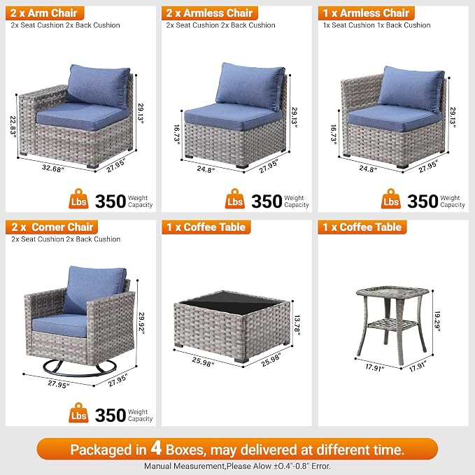 9-Piece Patio Furniture Set, Outdoor Wicker Furniture Sectional Set with Coffee Table, High Back Swivel Rocker Patio Chairs, Modern Rattan Outdoor Conversation Set for Porch, Balcony, Denim Blue