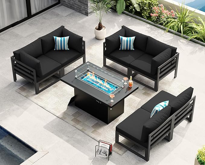 NICESOUL 7 Piece Modern Aluminum Patio Furniture Set with Fire Pit Table, 500 lbs Heavy Duty Outdoor Sectional Sofa, 29" Deep and Wide Big Seats, L Shaped Modular Conversation Couch for Deck, Black