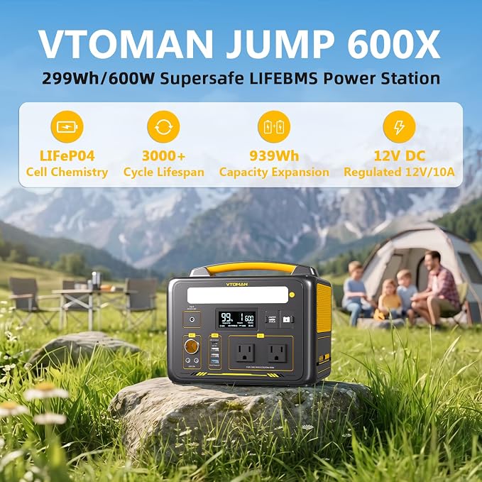 VTOMAN Jump 600X Portable Power Station 600W, 299Wh Solar Generator LiFePO4 Battery Power Station with Jump Start for Car, 1200W AC Outlet, PD 60W USB-C, 3x Regulated 12V/10A DC for Camping, RV Travel
