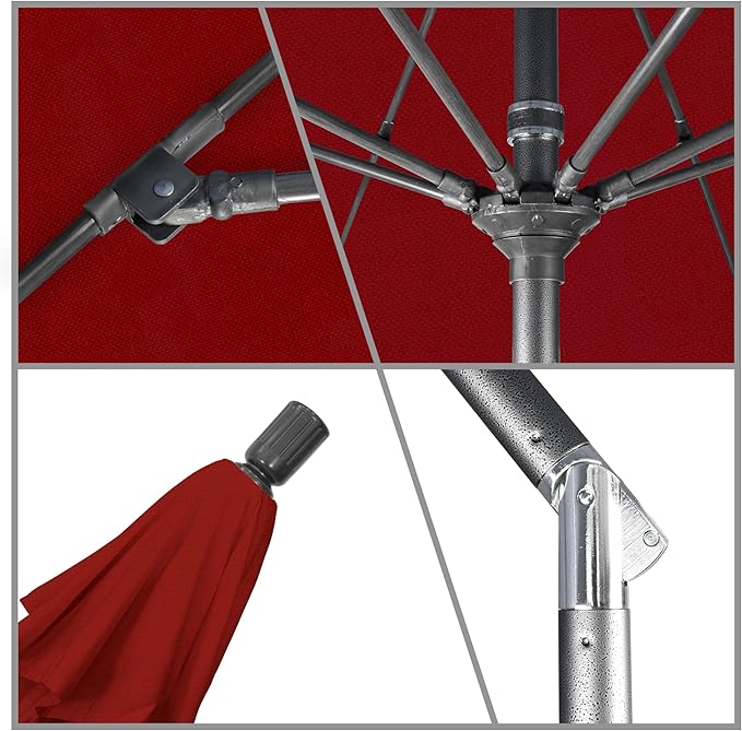 California Umbrella 11Ft Fiberglass Rib Patio Umbrella, Hand-Crank, Tilt-Collar, Gray Frame, Solution Dyed Red Fabric