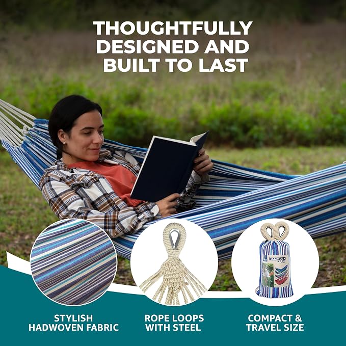 Bliss Hammocks BH-400-SC 40" Wide Hammock w/Hand-Woven Rope Loops & Hanging Hardware, Outdoor, Patio, Backyard Durable, Cotton and Polyester Blend, 220 Lbs Capacity, Sail Cloth