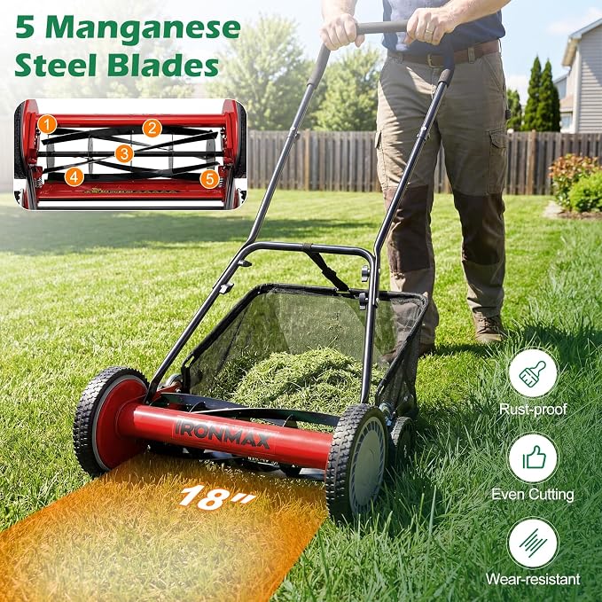 IRONMAX 18 Inch 5-Blade Push Reel Lawn Mower, 9-Level Adjustable Cutting Heights, Removable Grass Catcher, Lightweight No Motor Walk-Behind Manual Grass Cutter for Garden Yard Park (Red, 18 Inch)