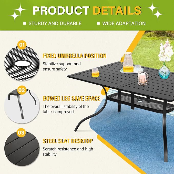 Patio Dining Table, 60" x 37"Outdoor Rectangular Metal Table,1.57" Umbrella Hole, for Backyards, Porches, Gardens or Poolside, Black