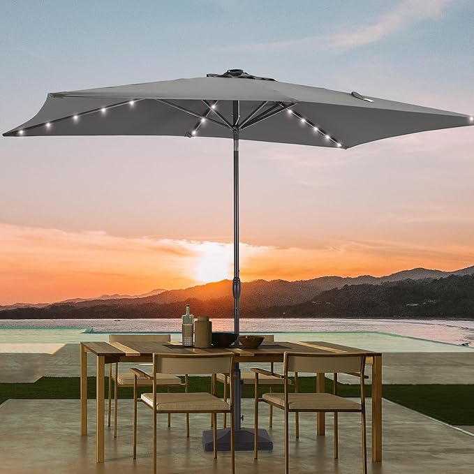 Rectangle Patio Umbrella with Solar Lights, 6x9ft Outdoor Rectangular Table Market Umbrella Patio with Push Button Tilt and Crank for Pool, Deck, Garden,Backyard