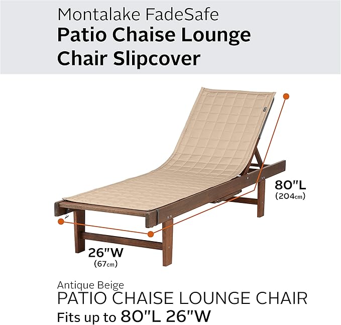 Classic Accessories Montlake Water-Resistant 80 Inch Patio Chaise Lounge Slipcover, Antique Beige, Patio Furniture Covers